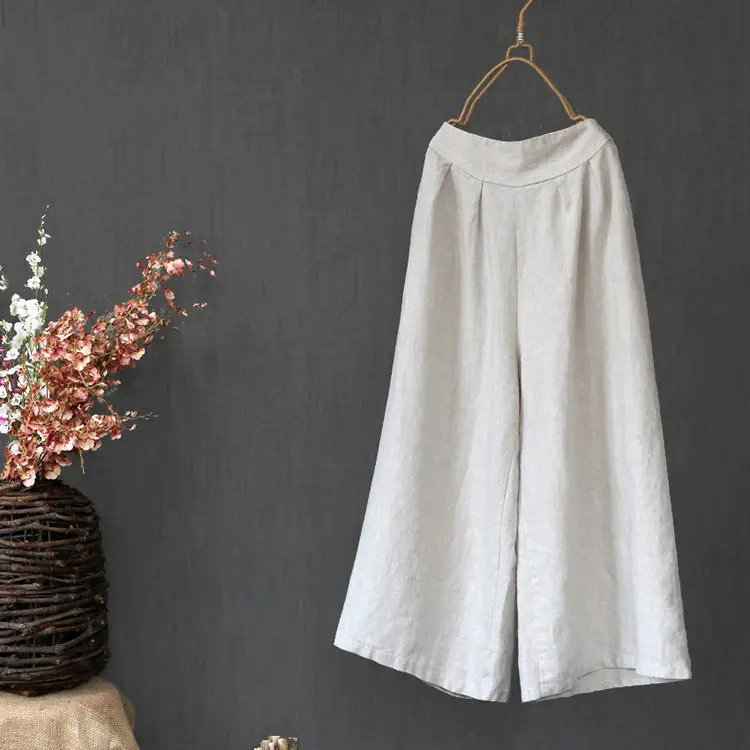Women Linen Wide Leg Pants Grey Ankle Length - Image 10