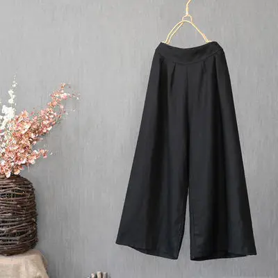 Women Linen Wide Leg Pants Grey Ankle Length - Image 3