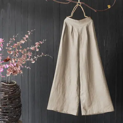 Women Linen Wide Leg Pants Grey Ankle Length - Image 4