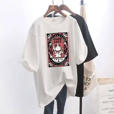Women Lucy Cat Round Neck T-Shirt White Loose Summer - Image 2