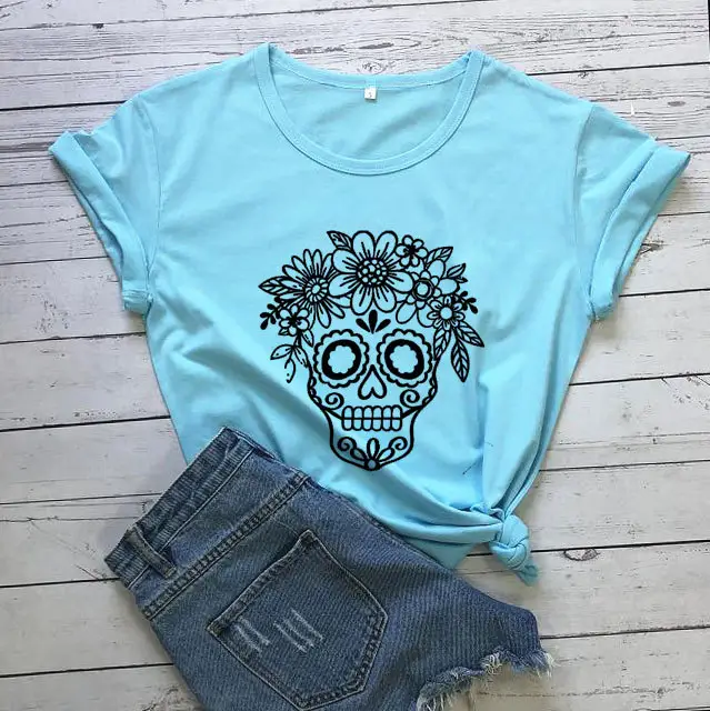 Light Blue Floral Skull T-Shirt for Women - Image 11