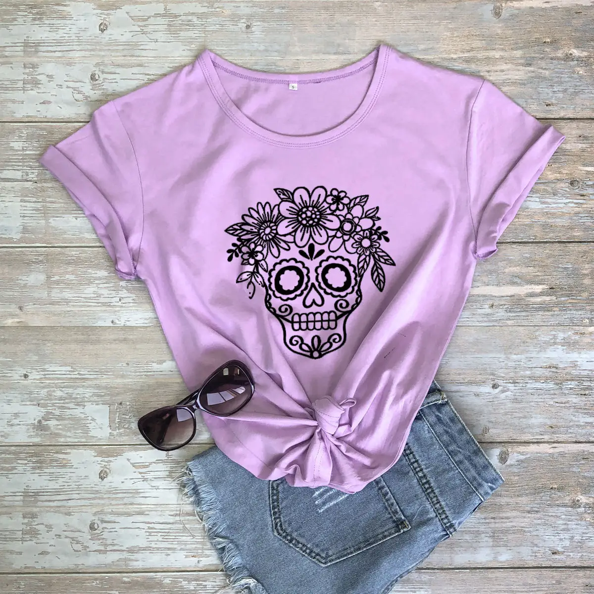 Light Blue Floral Skull T-Shirt for Women - Image 12