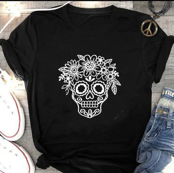 Light Blue Floral Skull T-Shirt for Women - Image 2