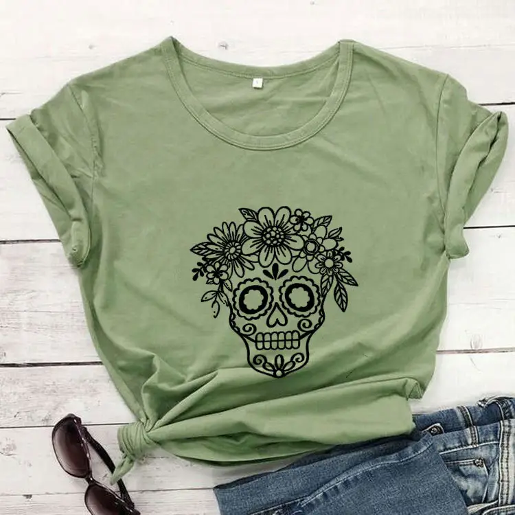 Light Blue Floral Skull T-Shirt for Women - Image 4