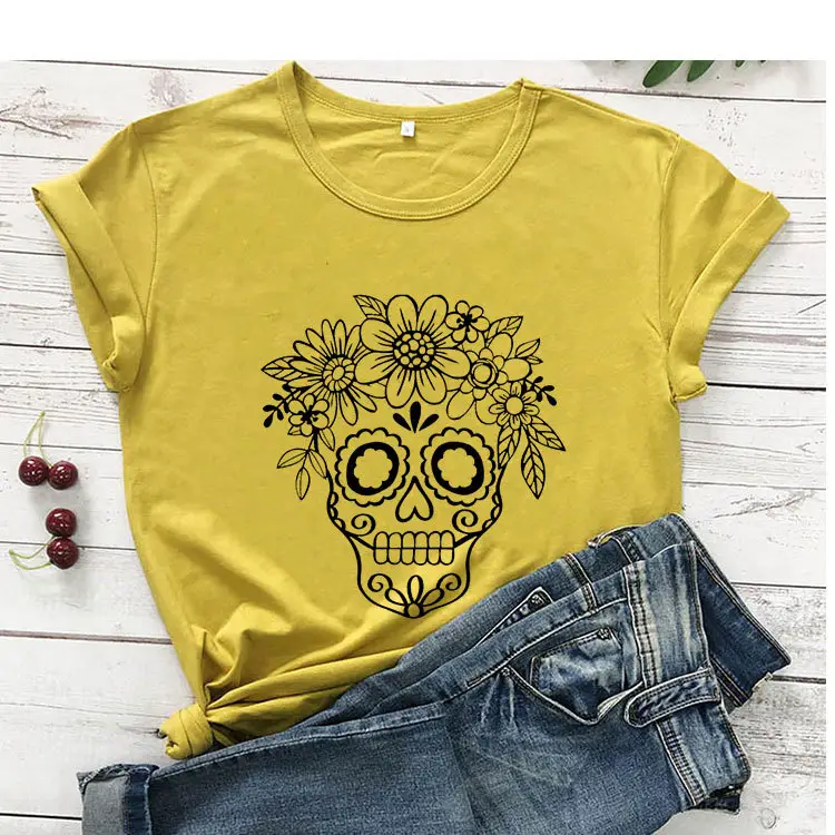 Light Blue Floral Skull T-Shirt for Women - Image 6