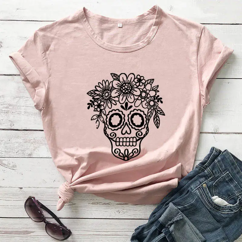 Light Blue Floral Skull T-Shirt for Women - Image 7