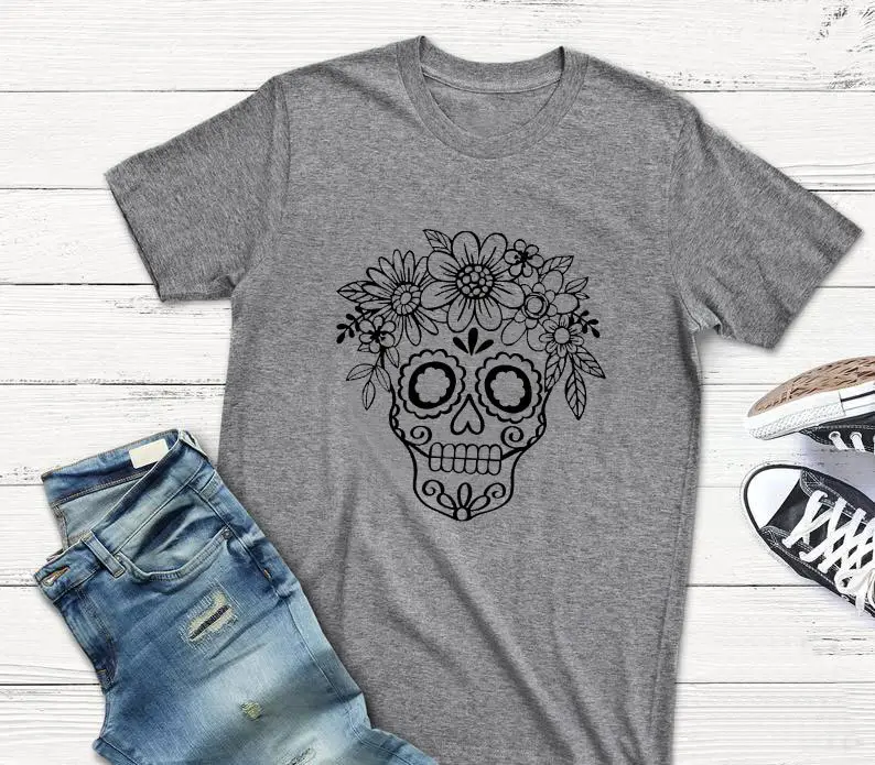 Light Blue Floral Skull T-Shirt for Women - Image 8