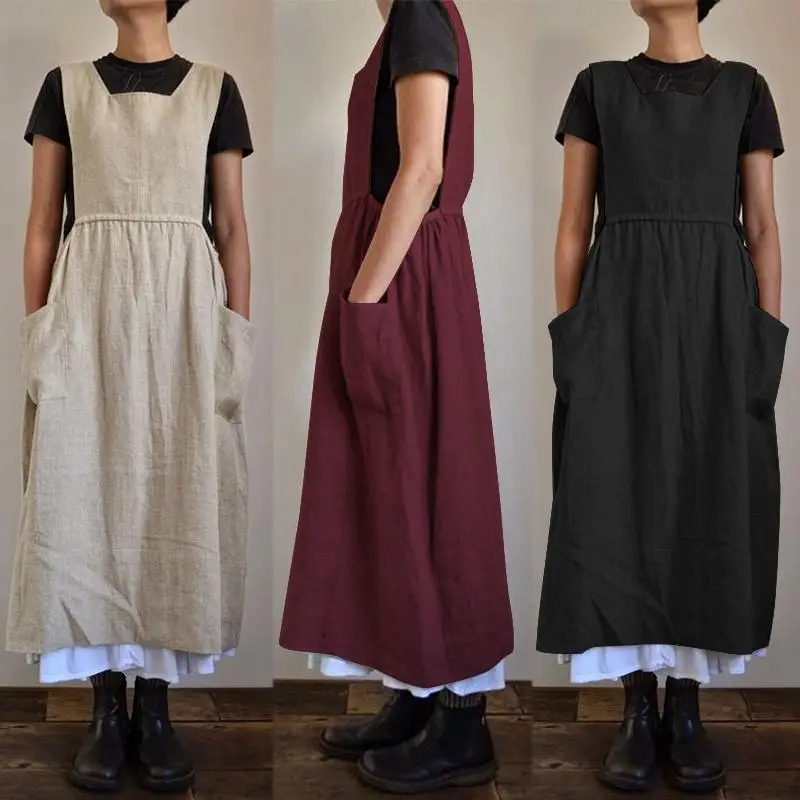 Women Cotton Linen High Waist Long Wear Apron Dress