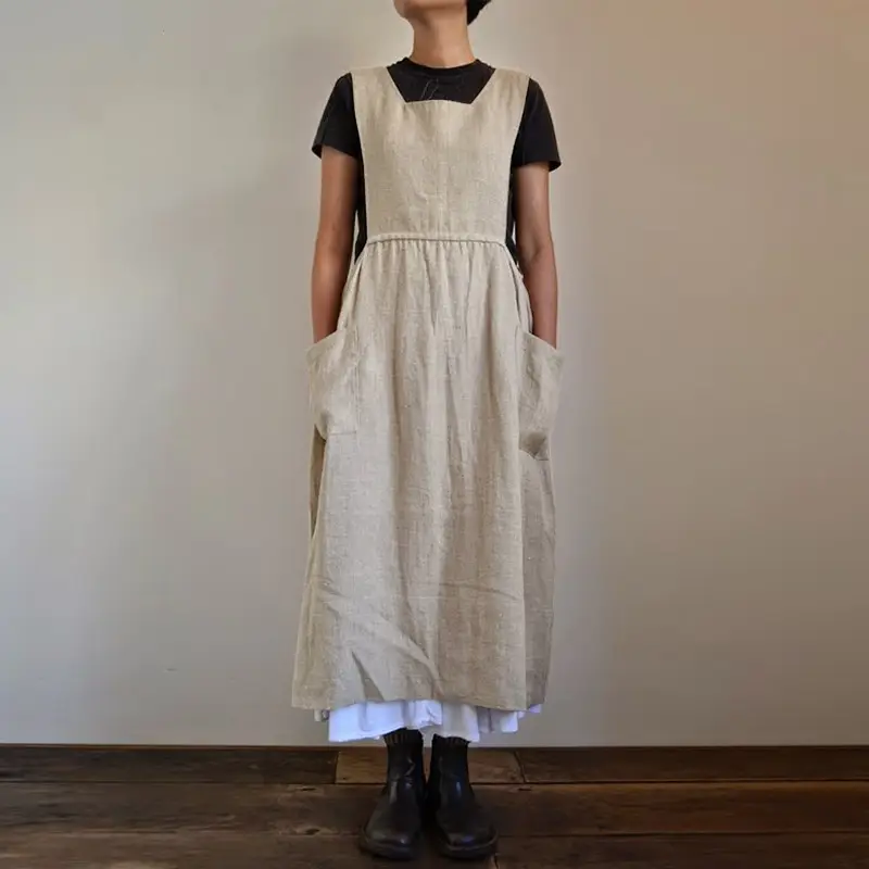 Women Cotton Linen High Waist Long Wear Apron Dress