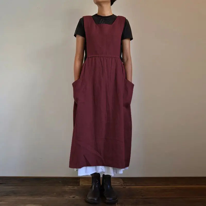 Women Cotton Linen High Waist Long Wear Apron Dress