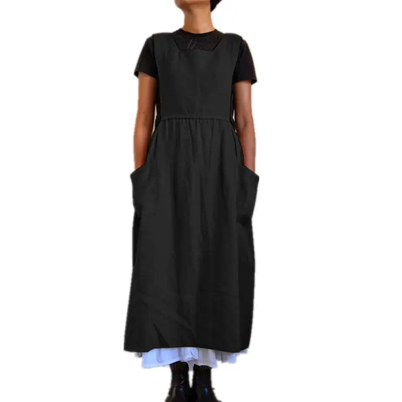 Women Cotton Linen High Waist Long Wear Apron Dress