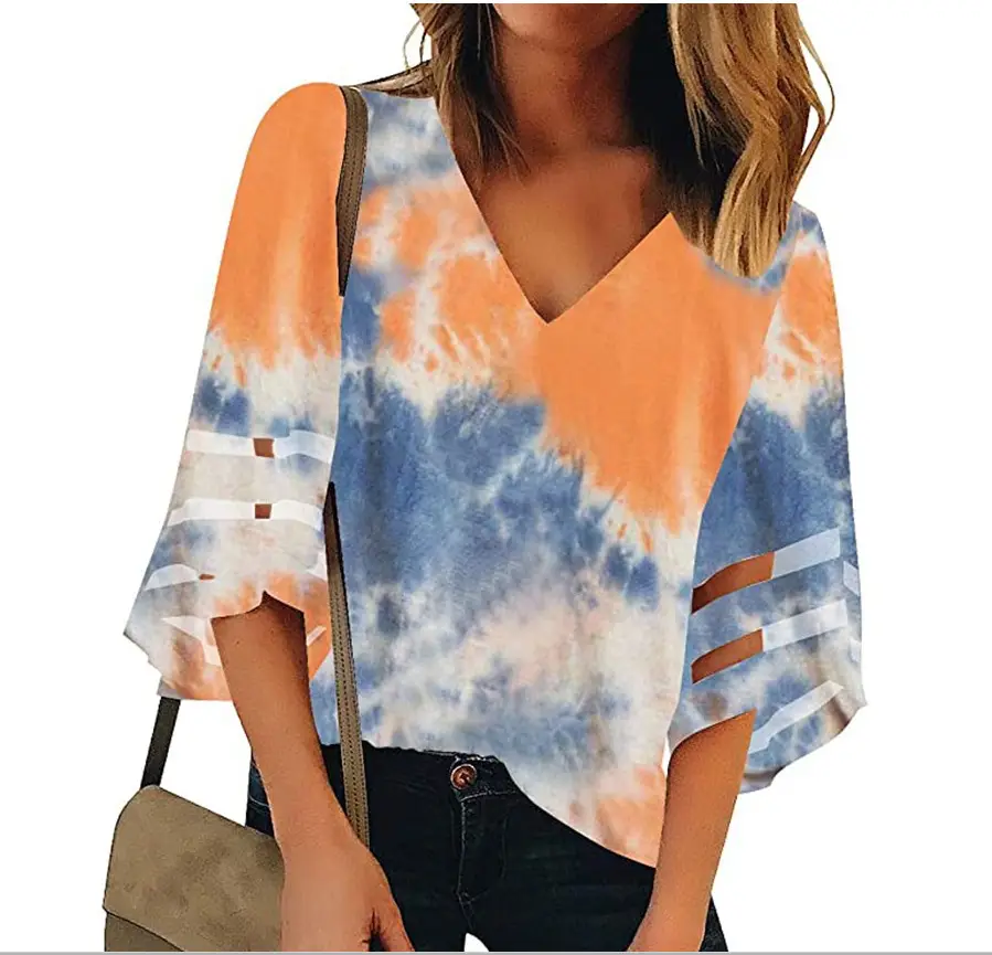 2024 Tie-Dye Blue White V-Neck Pullover Top - Image 6