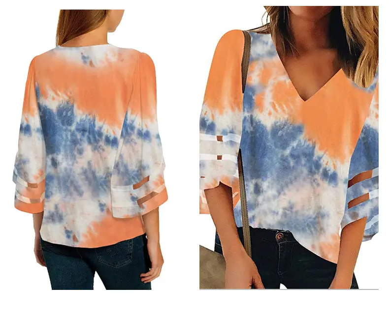 2024 Tie-Dye Blue White V-Neck Pullover Top — feature 4