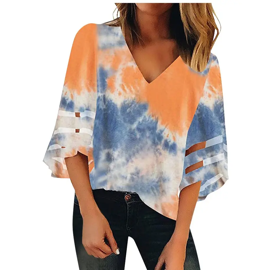 2024 Tie-Dye Blue White V-Neck Pullover Top - Image 3