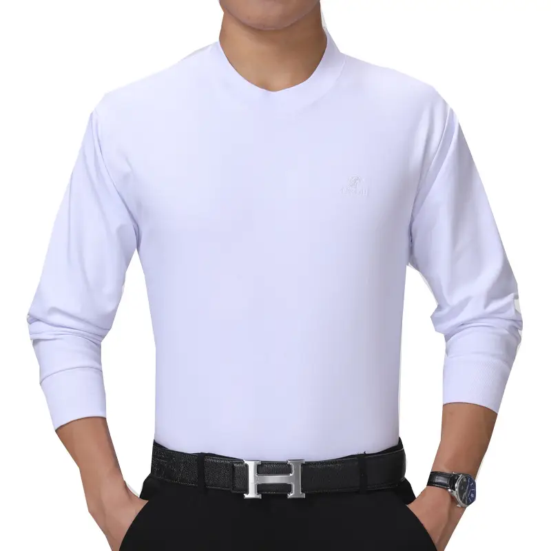 Men Cotton Long Sleeve T-Shirt Beige Middle-aged Elderly - Image 7