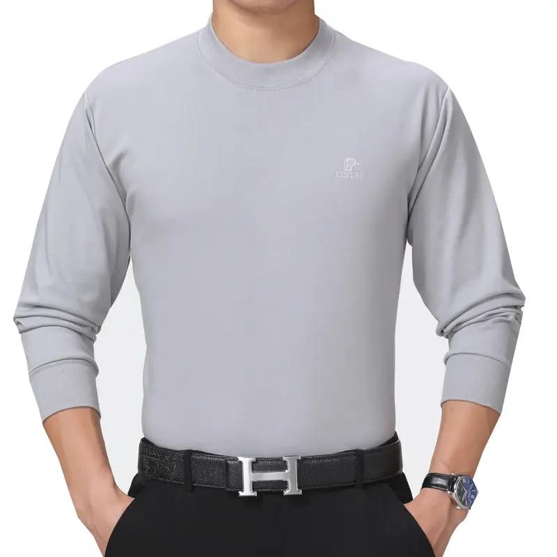 Men Cotton Long Sleeve T-Shirt Beige Middle-aged Elderly - Image 5
