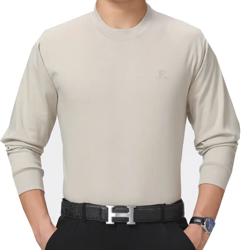 Men Cotton Long Sleeve T-Shirt Beige Middle-aged Elderly - Image 9