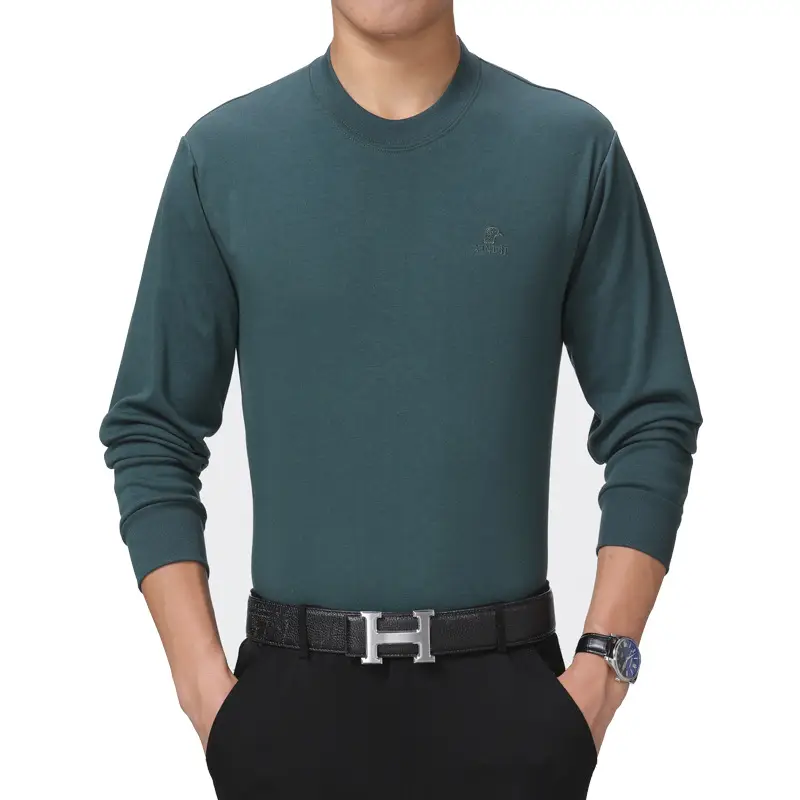 Men Cotton Long Sleeve T-Shirt Beige Middle-aged Elderly - Image 6