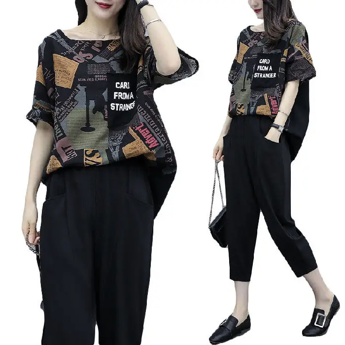 Plus Size Printed Black Capri Pants Set with Printed Top - Image 6