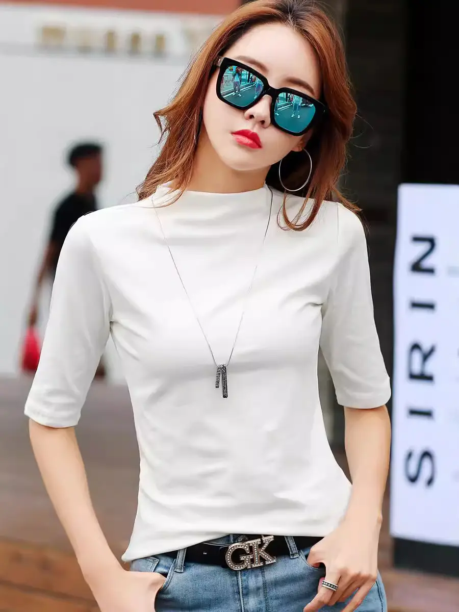 Women's Elastic Slim Fit Cotton T-Shirt White 2025 - Image 9