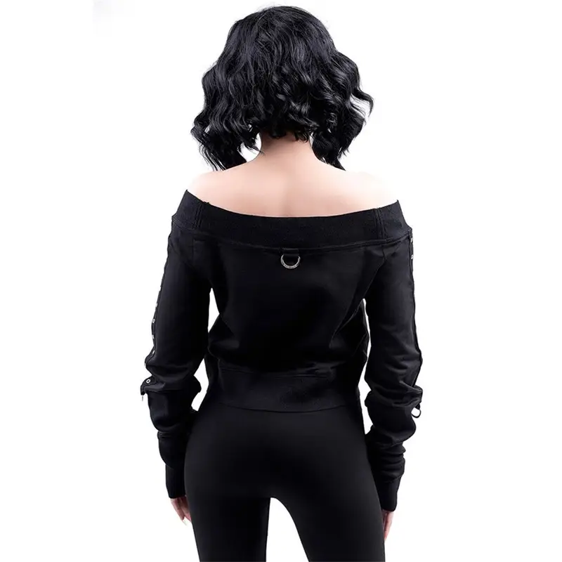 Black Off-Shoulder Long Sleeve Women's Sweatshirt Set