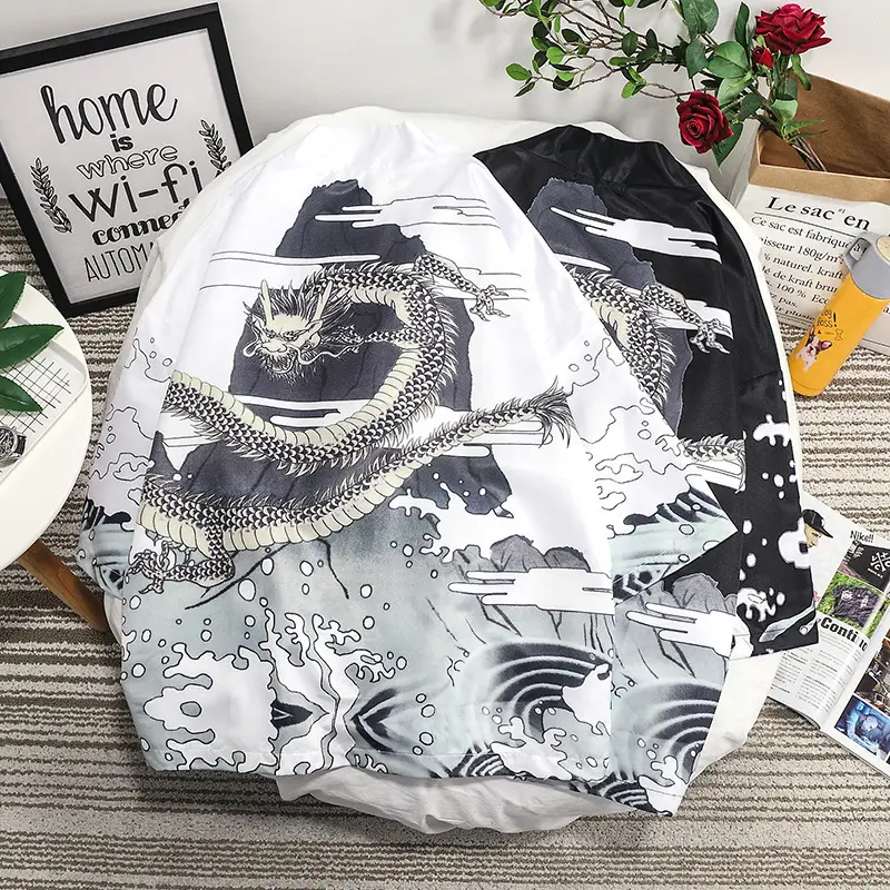 Men's Dragon Print Seven-Point Sleeve Shirt Black White