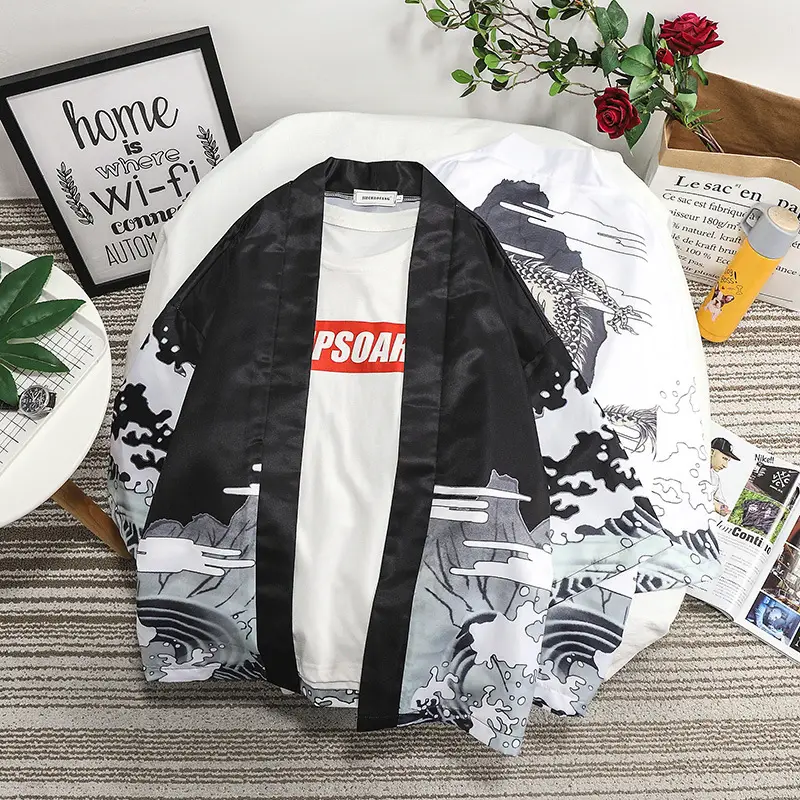 Men's Dragon Print Seven-Point Sleeve Shirt Black White