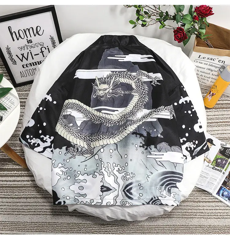 Men's Dragon Print Seven-Point Sleeve Shirt Black White