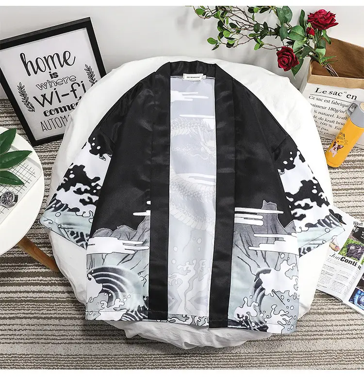 Men's Dragon Print Seven-Point Sleeve Shirt Black White