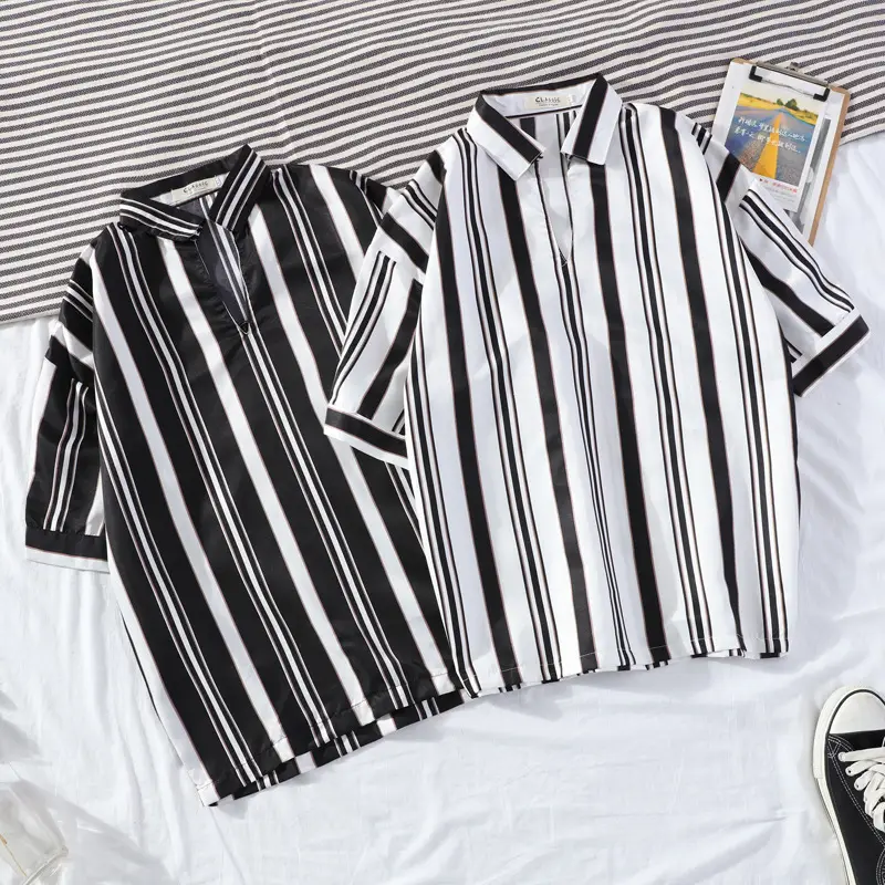 Men's Vertical Stripe Lapel Shirt Black White 2020 Summer - Image 6