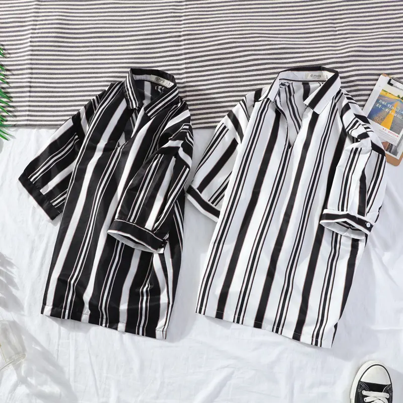 Men's Vertical Stripe Lapel Shirt Black White 2020 Summer - Image 7