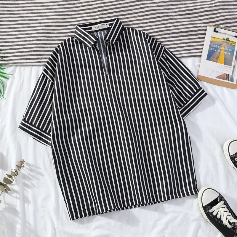 Men's Vertical Stripe Lapel Shirt Black White 2020 Summer - Image 8