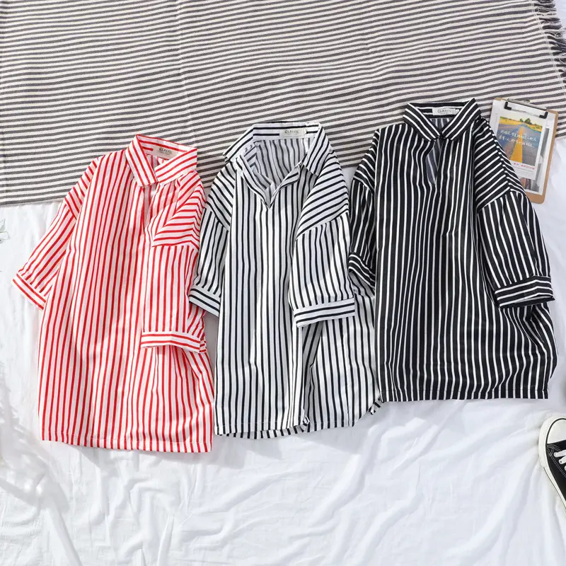 Men's Vertical Stripe Lapel Shirt Black White 2020 Summer - Image 10