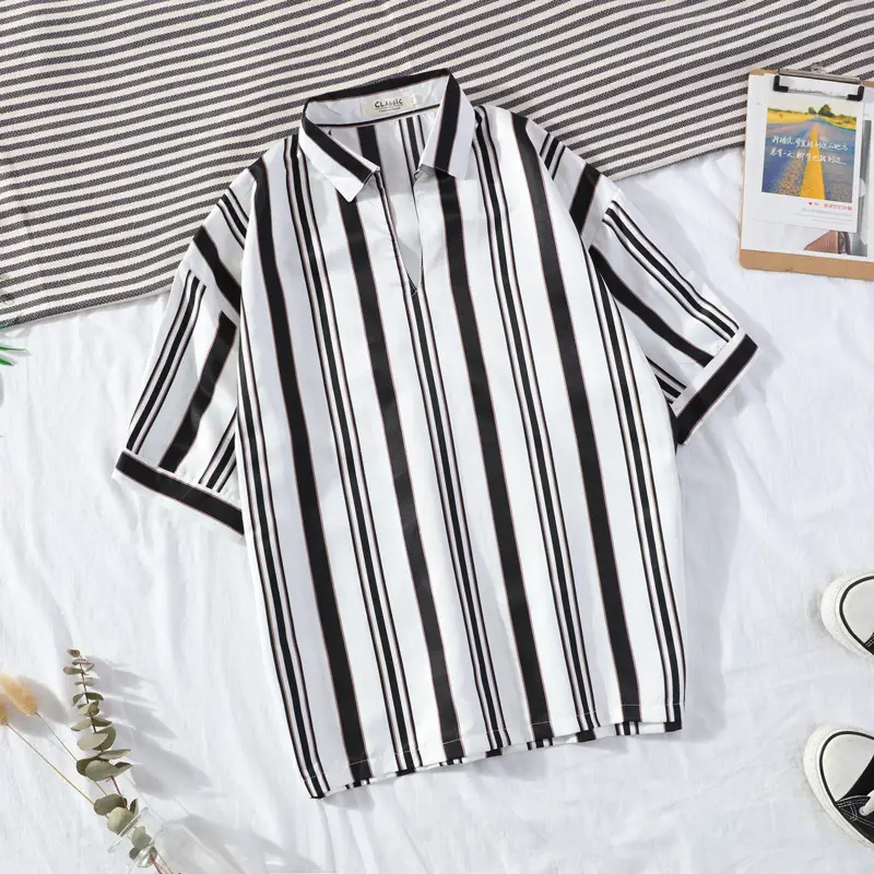 Men's Vertical Stripe Lapel Shirt Black White 2020 Summer - Image 2