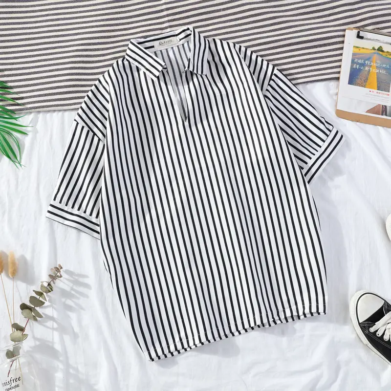 Men's Vertical Stripe Lapel Shirt Black White 2020 Summer - Image 5