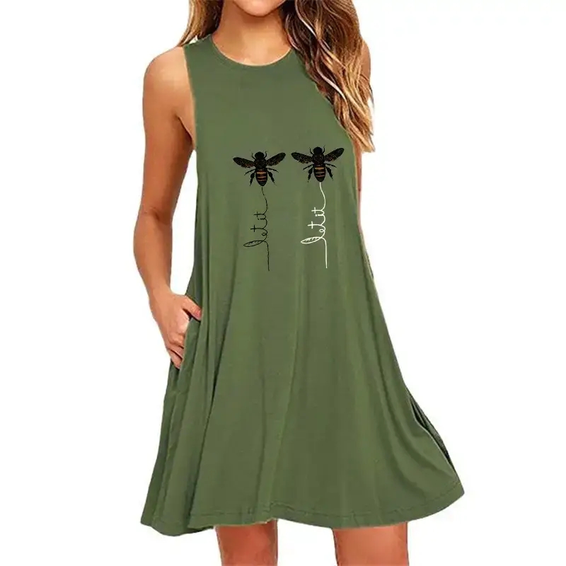 Black Sleeveless Little Bee Print Dress for Women - Image 8