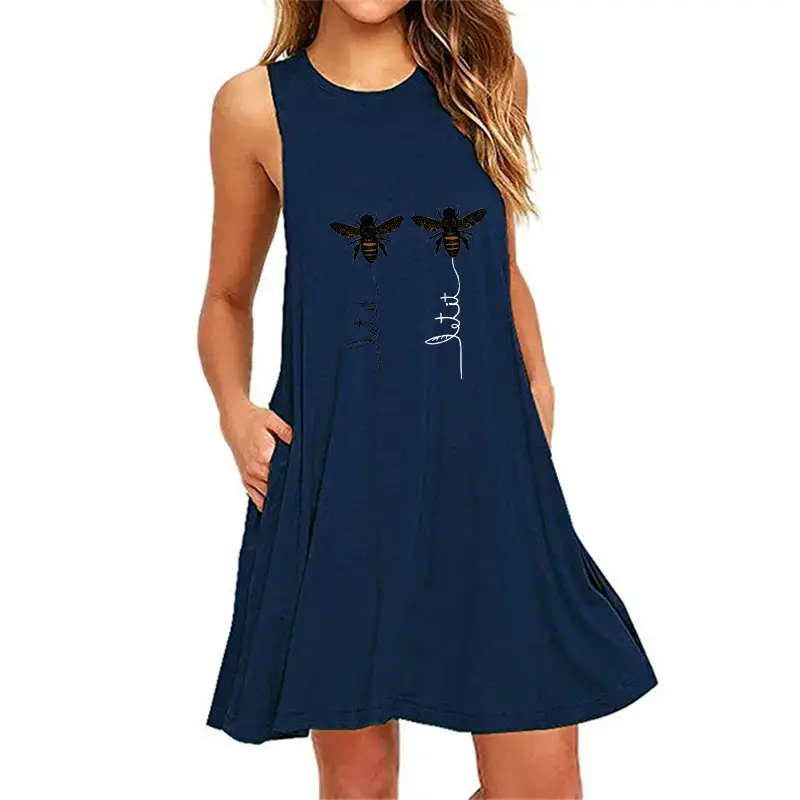 Black Sleeveless Little Bee Print Dress for Women - Image 11