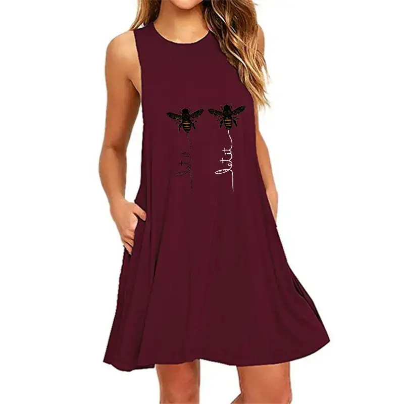 Black Sleeveless Little Bee Print Dress for Women - Image 2