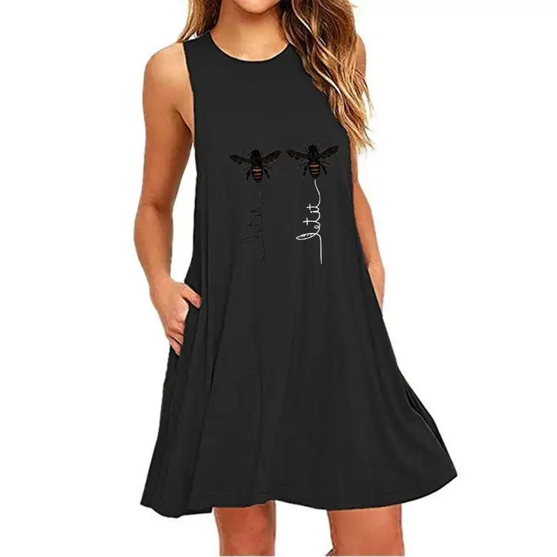 Black Sleeveless Little Bee Print Dress for Women - Image 4