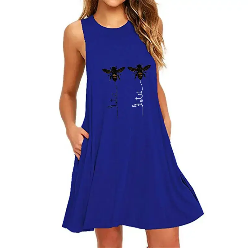 Black Sleeveless Little Bee Print Dress for Women - Image 5