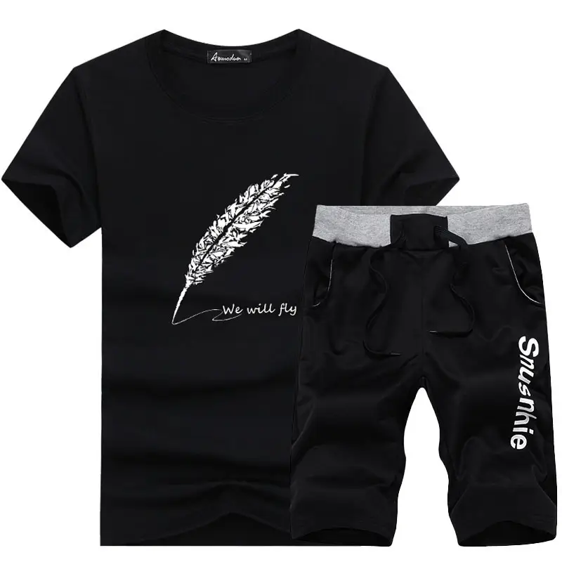 Men 2025 Cotton Feather Print Shorts Set White Black - Image 3