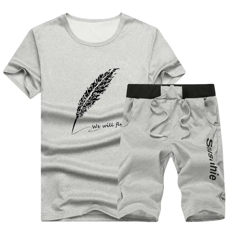 Men 2025 Cotton Feather Print Shorts Set White Black - Image 2