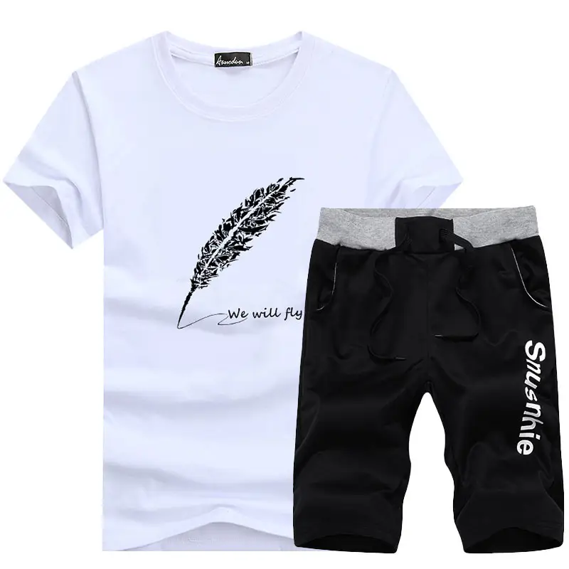 Men 2025 Cotton Feather Print Shorts Set White Black - Image 5