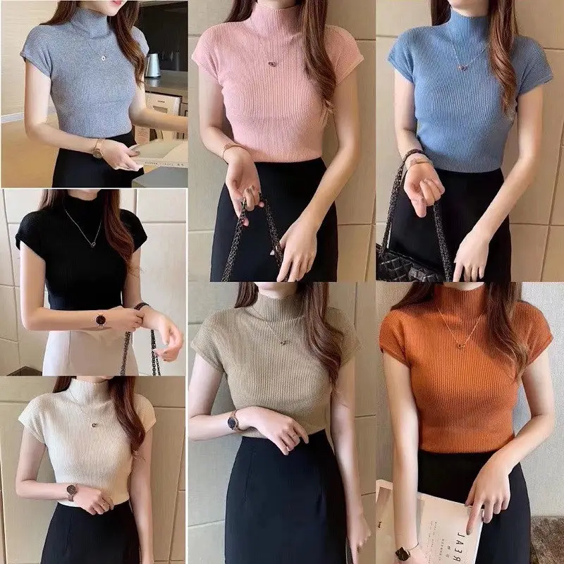 Women Pink Knitted Half-High Neck Top Short Sleeve - Image 12