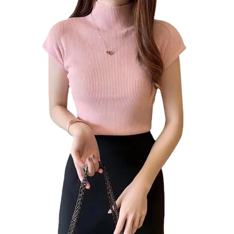 Women Pink Knitted Half-High Neck Top Short Sleeve - Image 13