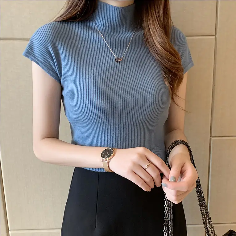 Women Pink Knitted Half-High Neck Top Short Sleeve - Image 5