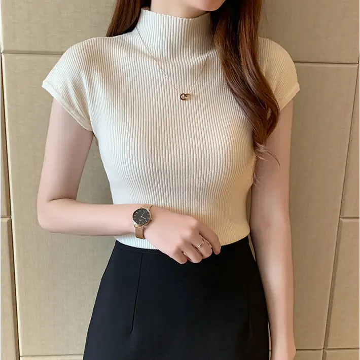 Women Pink Knitted Half-High Neck Top Short Sleeve - Image 6
