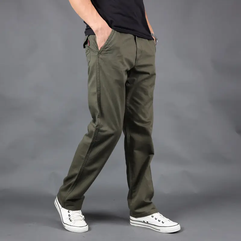 Men Pure Cotton Loose Straight Pants Olive Green 2019 - Image 3