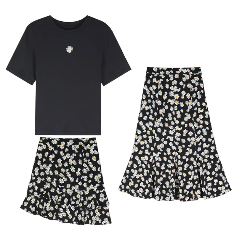 Women Daisy Printed Midi Skirt T-Shirt Set Black - Image 8