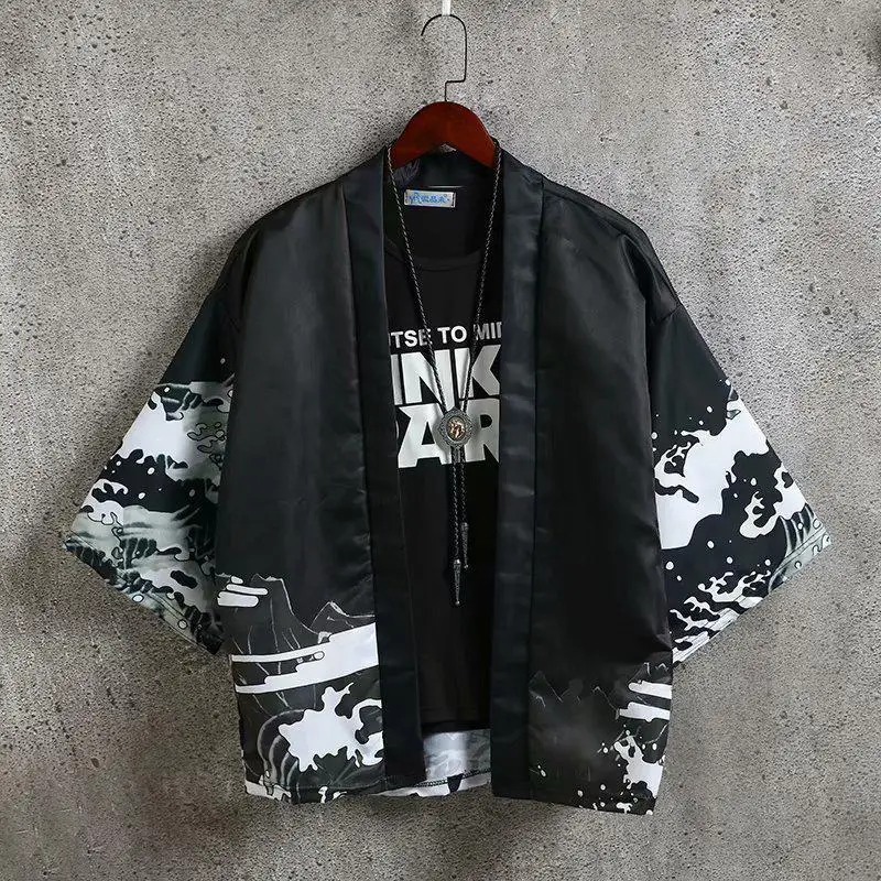 Men Chinese Style Hanfu Short Sleeve Kimono White Black Plus Size - Image 11
